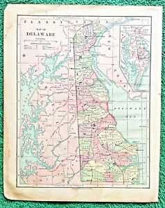1882 Antique Color Map Map Of Delaware Large Original Rare