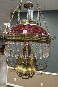 Antique Victorian Hanging Parlor Lamp Cranberry Thumbprint Glass Electric 1880