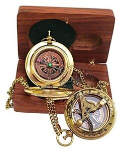 Handmade Push Button Direction Sundial Clock With Chain Wooden Box Brass