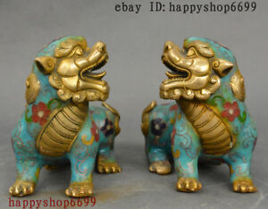 4 China Bronze Cloisonne Enamel Foo Fu Dog Guardion Lion God Beast Statue Pairs