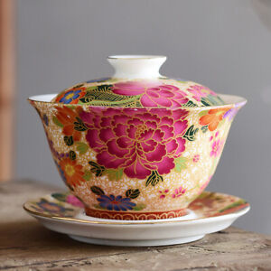 Color Porcelain Tureen Cup Bowl With Lid Saucer Handpainted Flower Peony Gaiwan