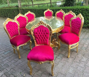 Luxurious Baroque Rococo Dining Set With Gold Finish And Rose Red Velvet 9 Pcs