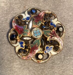 Victorian Openwork Floral Handpainted Enamel Button With Steel Facet Accent