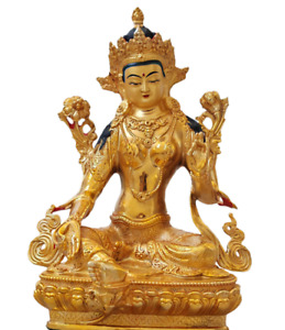 12 Buddhism Old Handpainted Bronze Gilt Bodhisattva Green Tara Buddha Statue
