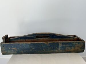 Antique Wooden Primitive Tool Box Carrying Handle Painted Blue Beautiful Patina