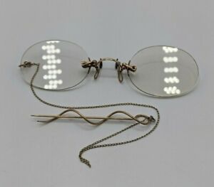 Antique Pince Nez Eyeglasses Hair Pin 18k Gold Nose Piece Tested St Louis W Case