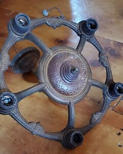 Antique Art Noveau Gothic Hammered Cast Iron And Brass 5 Light Fixture