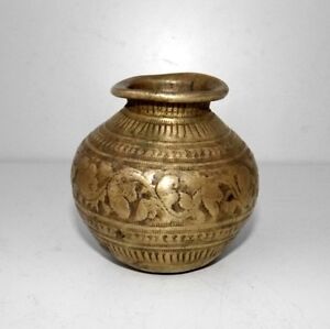 Antique Hand Engraved Brass Pot Flower Old Emboss Carved Brass Pot Lota Kalash