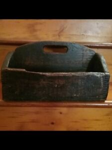 Antique Primitive Tool Caddy Carrier Tote 1800s Handmade Dovetail Patina