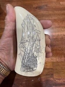 Scrimshaw Reproduction Sperm Whale Tooth Pirate Ship 7 Inches Long Perfect