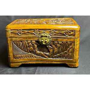 Old Vintage Chinese Carved Camphor Timber Wooden Chest Jewelry Vanity Tea Box