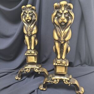 Pair Of Lion Andirons Fire Dogs Patinated Brass Luxury Figural Statue 16 5 Tall
