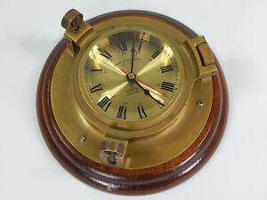 Vtg Mark Stephens Brass Wood Oceanic Quartz Clock Nautical Porthole Works 