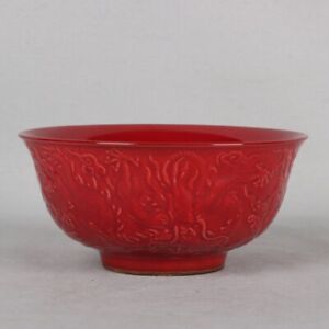 Old Chinese Porcelain Red Glazed Relief Dragon Pattern Bowl A77