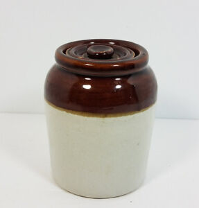 Antique Small Stoneware Crock Lidded Mustard Pot Condiment Jar Primitive Pottery