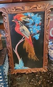 Antique Feather Art Bird Picture Handmade Painted Original Wood Frame