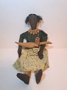 Very Primitive Dark Country Doll Girl Holding A Goose Decor Primitive Doll