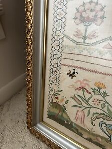 Antique Sampler In Ornate Heavy Solid Wood Gesso Picture Frame Pastels
