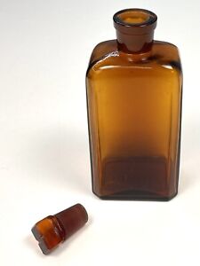Vtg Antique 6 5 Amber Glass Rectangular Medicine Apothecary Bottle W Stopper