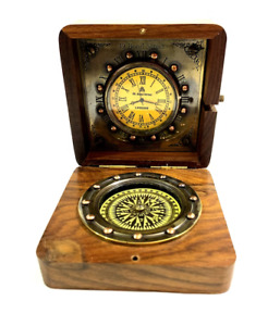 Vintage Wooden Engraved Clock Compass Antique Nautical Decorative Compass Gift