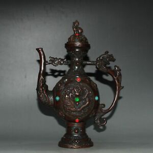 8 8 Old China Ming Dynasty Xuande Mark Bronze Gemstone Inlay Dragon Teapot
