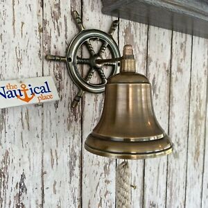 7 Ship Wheel Bell W Rope Lanyard Antique Brass Finish Nautical Wall Decor