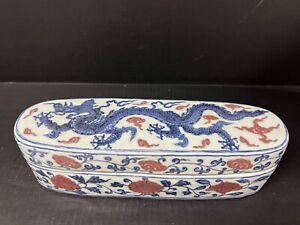 Chinese Art Blue And White Copper Red Porcelain Box Dragon Design