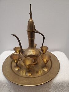 Vintage Antique Arabic Turkish Persian Brass Dallah Pot And Tray And 6 Cups