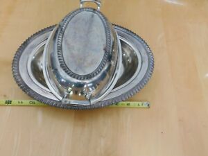 Vintage Silver Plated Oval Covered Serving Dish Two Handles Floral Edged 12 X 9 