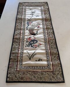 Antique Vintage Chinese Silk Embroidery Panel Stitch Textile Peacock 23 X 9 