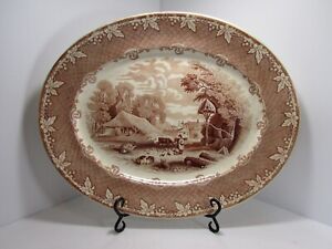 Old Hall Farm Brown Transferware 19 X 15 Platter Antique Late 1800 S