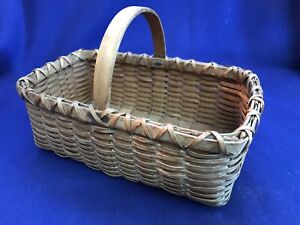 Antique Miniature Ash Splint Gathering Basket Carved Wood Handle Northeast Usa