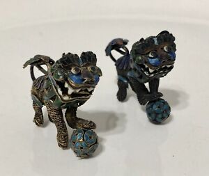 Antique Chinese Enamel Brass Filigree Foo Dogs Moving Heads