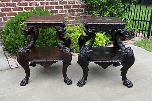 Antique French Pair End Tables Side Tables Nightstands Dragons Oak Gothic 19th C