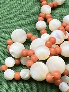 Ancient Victorian 171 Bead Necklace Salmon Coral Mother Of Pearl Collectible
