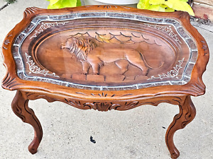 French Antique Walnut Wood Carved Lion Cat Motif Cocktail Table