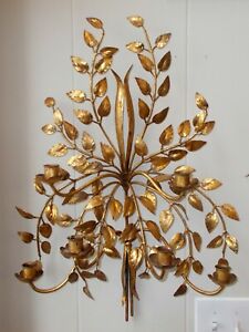 Vtg Large Gold Tole Metal Toleware Sconce Art Wall Candle Holder Regency