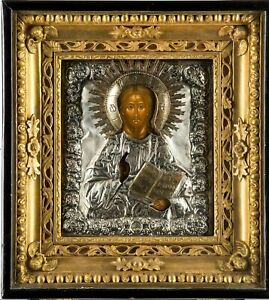 19c Russian Imperial Orthodox Church Icon Jesus Christ Pantocrator Oklad Kiot