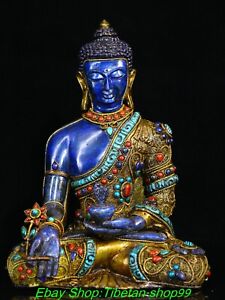 9 Old Tibet Lapis Lazuli Inlaid Turquoise Gold Menla Medicine Buddha Statue