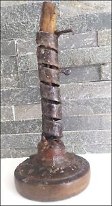 Rare Early 18th C Wrought Iron And Wood Spiral Candlestick Great Form Surface