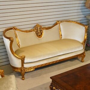 Beautiful French 2 Seater Love Seat Mahogany Wood Antique Gold Leaf White Velvet