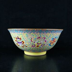 Old Chinese Color Enamel Porcelain Painted Eight Treasures Map Gilt Bowl 1943