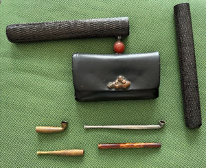 Antique Japanese Tobacco Pouch With Pipe And Pipe Container