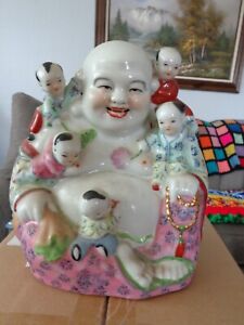 Vintage Chinese Porcelain Laughing Buddha With Five Children Statue Figurine 10 