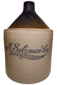 M Salzman Co Antique 2 Gl Sepia Brwn Putty Wht Glzd Hndld Stoneware Whiskey Jug