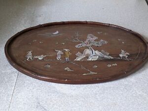 Antique Chinese Wooden Mother Pearl Inlaid Drinks Tray Chinese Village Scenes 2