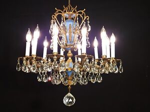 Antique French Empire Brass 12 Arm 12 Lite Royal Blue Lead Crystal Chandelier