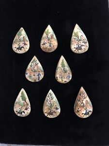 8 Persian Hand Made Painted Miniature On Mother Of Pearl Both Sides 1 75 