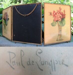 Antique Paul De Longre Signed Tri Fold Flowers Floral Vanity Mirror Victorian