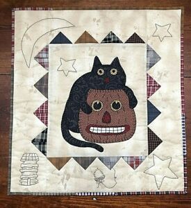 Primitive Folk Art Barn Cat Pumpkin Quilt Hand Quilted And Embroidered